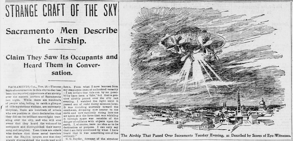 "Airship" — The San Francisco Call, November 19, 1896, depicting the object reported by hundreds of witnesses across California.