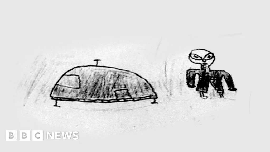 Child's drawing of the craft and beings with large black eyes, made by an Ariel School pupil shortly after the September 16, 1994 encounter — collected as part of the original BBC investigation in Ruwa, Zimbabwe