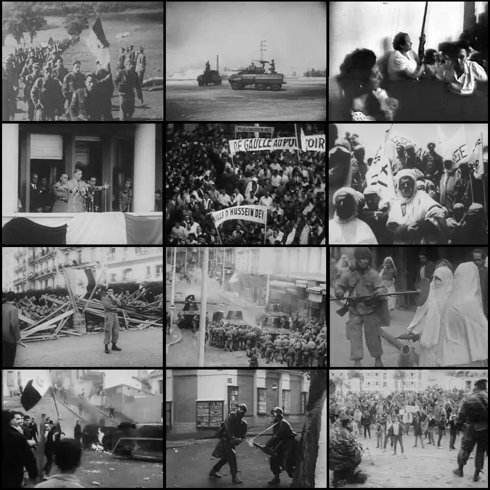 Composite of Algerian War scenes (1955–1960) including French Army patrols and ALN fighters in the conflict that formed the backdrop of the Bouamama encounter.
