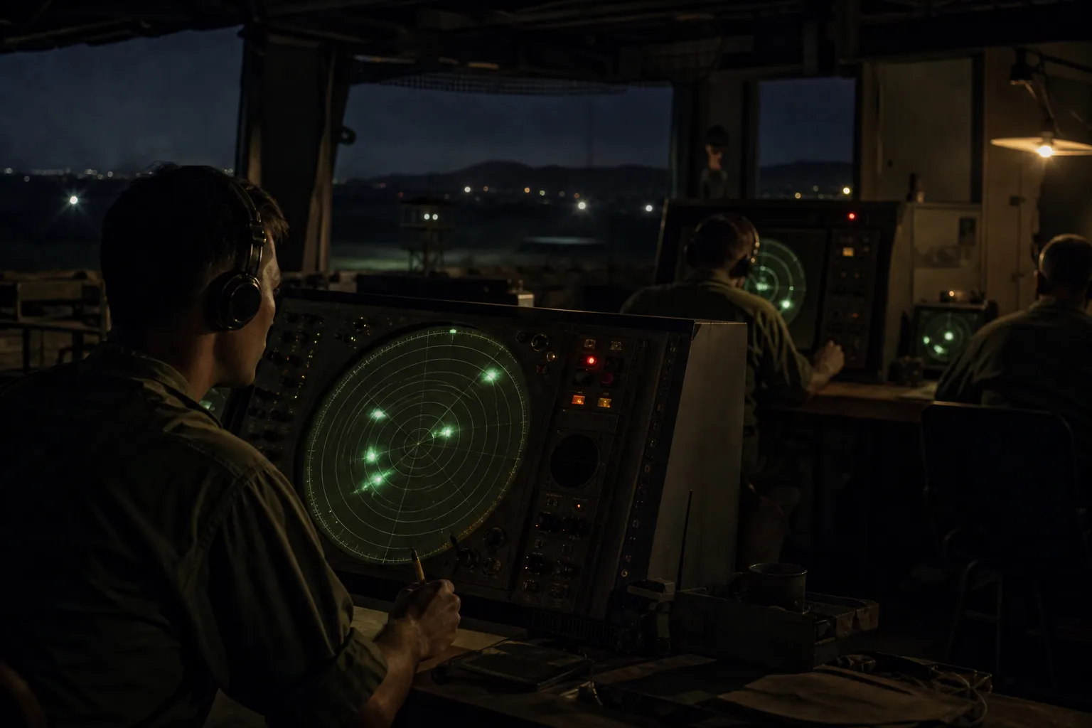 AI-rendered impression — a radar scope showing anomalous returns over the Laos–Thailand border zone at night, 1968