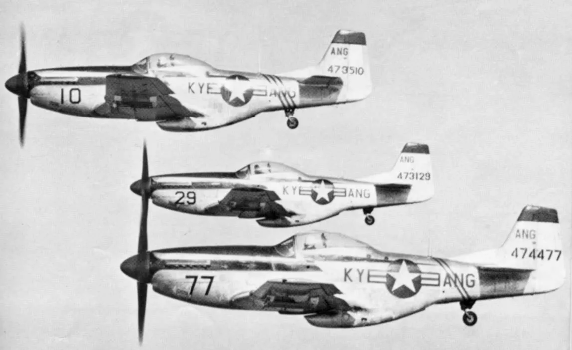 P-51D Mustangs of the 165th Fighter Squadron, Kentucky Air National Guard — Captain Mantell flew one of these aircraft in pursuit of an unidentified object on January 7, 1948