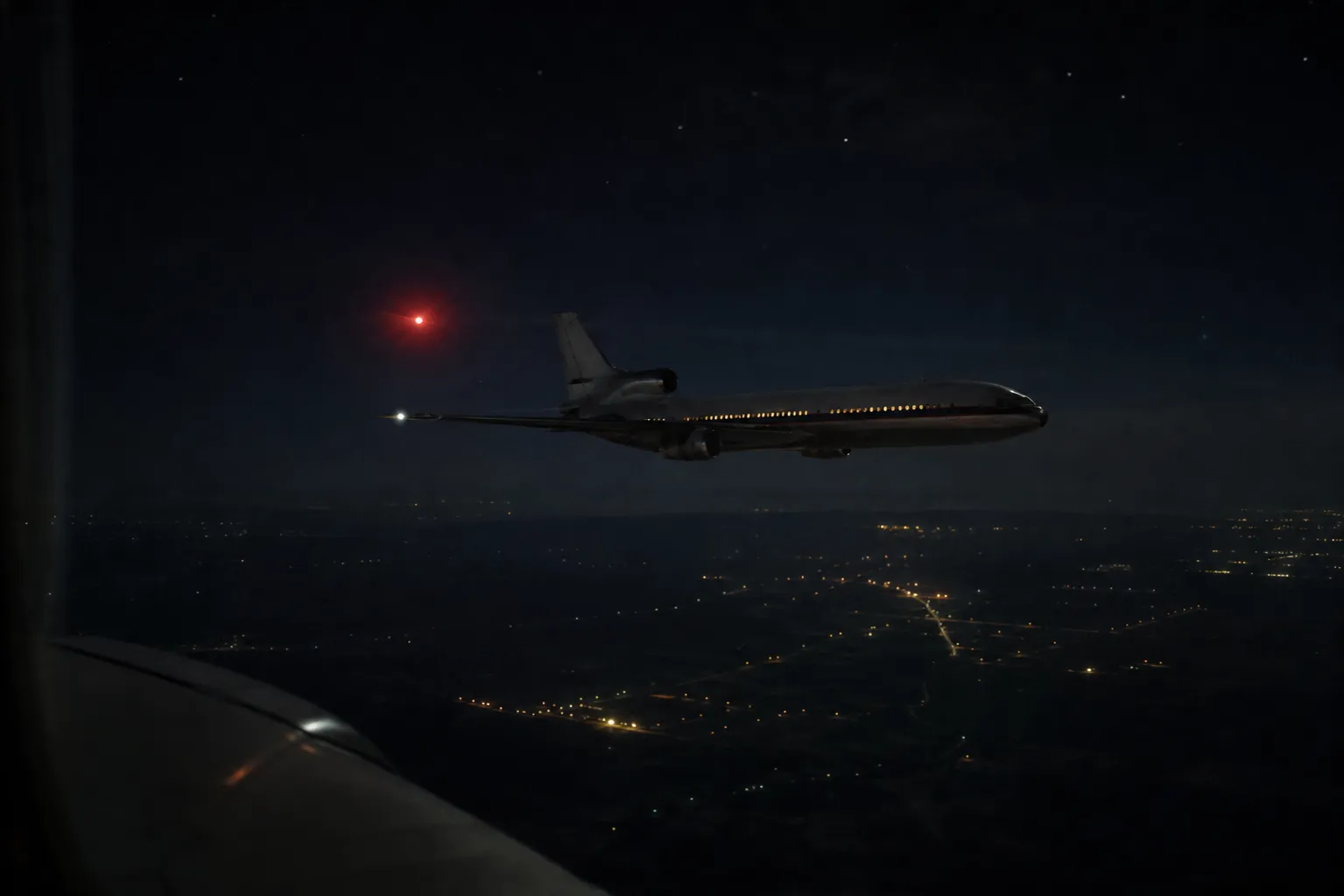 AI-rendered impression — an intense red aerial light tracking a commercial airliner over the Belgrade corridor at night, 1977