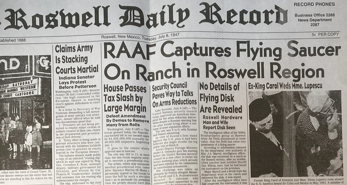Roswell Daily Record front page, July 8, 1947: 'RAAF Captures Flying Saucer On Ranch in Roswell Region'