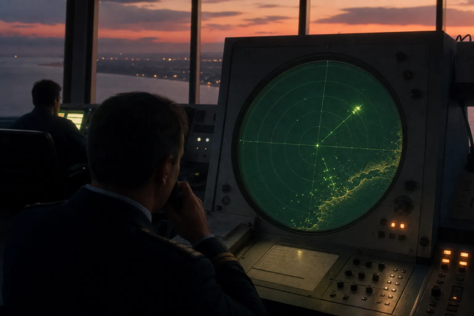 AI-rendered impression — Soviet-era civil airport radar scope displaying an anomalous contact over the Caspian coastline of Kazakhstan at dusk, August 1977