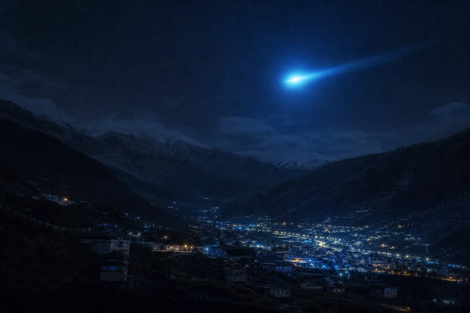 AI-rendered impression — a silent blue-glowing aerial object illuminating the night sky above a remote Himalayan valley, snow-capped peaks in the background, Bhutan 1968