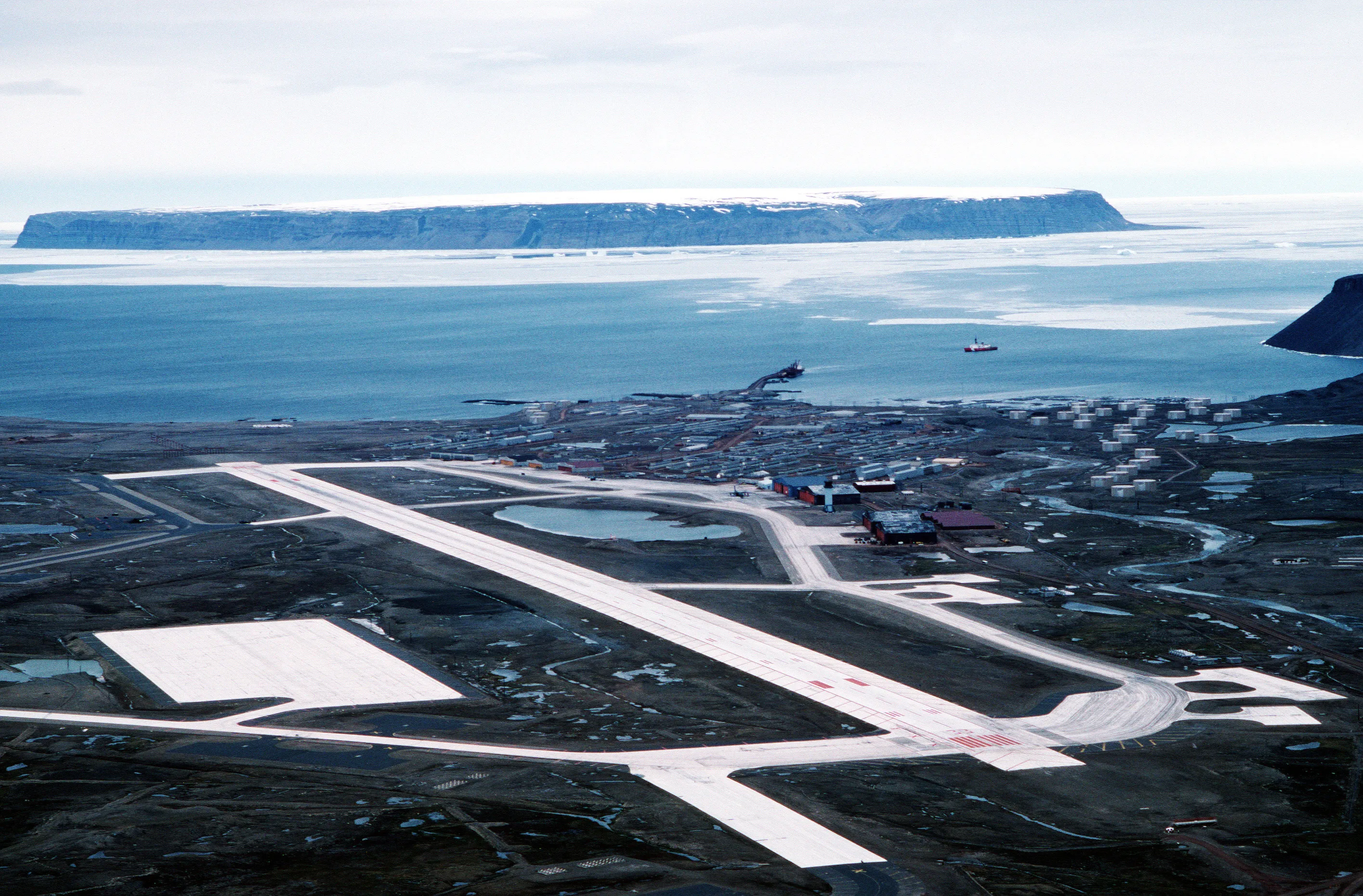 Thule Air Force Base aerial view, Greenland, July 1989 — the strategic Arctic installation near which U.S. Navy pilots observed three white disc-shaped objects in August 1952