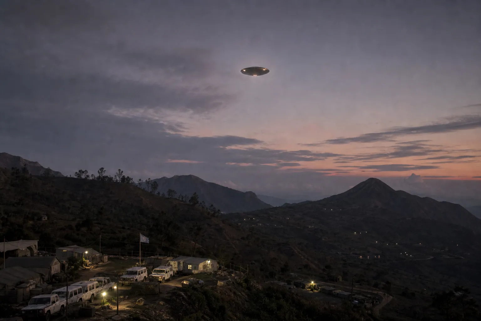 AI-rendered impression — an unidentified aerial object over the highland landscape of Ainaro, Timor-Leste, April 2000, with UN peacekeeping infrastructure visible below