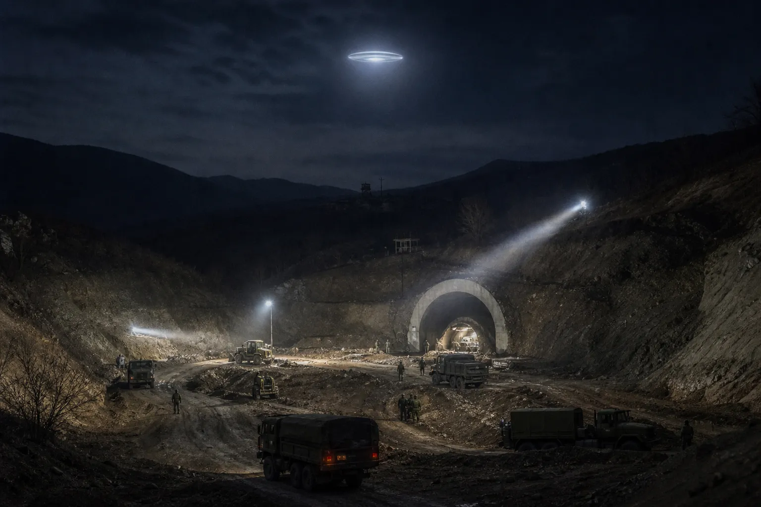 AI-rendered impression — a luminous object hovering above an open military excavation site at night in the Bulgarian countryside, searchlights illuminating the tunnel entrance below