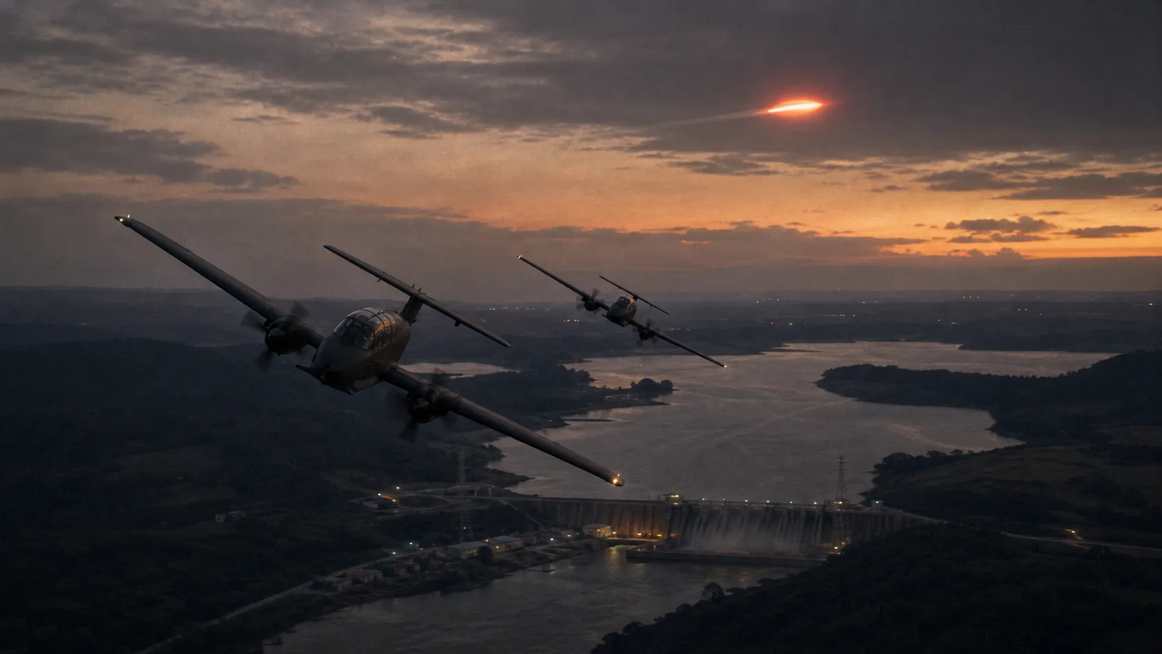 AI-rendered impression — two Uruguayan Air Force FMA IA 58 Pucará turboprop aircraft banking over a darkened river valley at dusk, a glowing red-orange disc accelerating away above them toward the western horizon