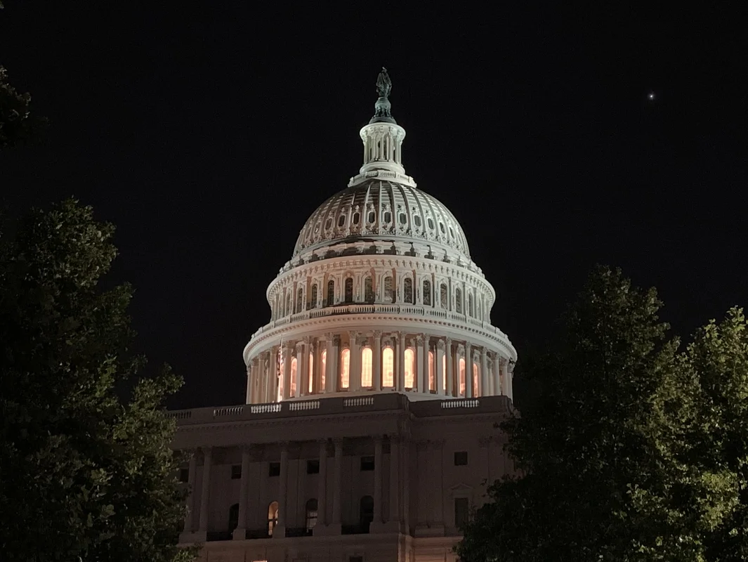U.S. Capitol dome at night — UFOs were reported flying over restricted Washington D.C. airspace in July 1952